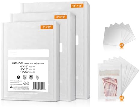 Wevac Vacuum Sealer Bags, 150 Gallon 11" x 16", and Quart 8" x 12" and Pint 6" x 10", 5 Liquid Block Bags & 5 Bone Guard Pieces, Heavy Duty for Food Storage, Sous Vide & Meal Prep by Wevac
