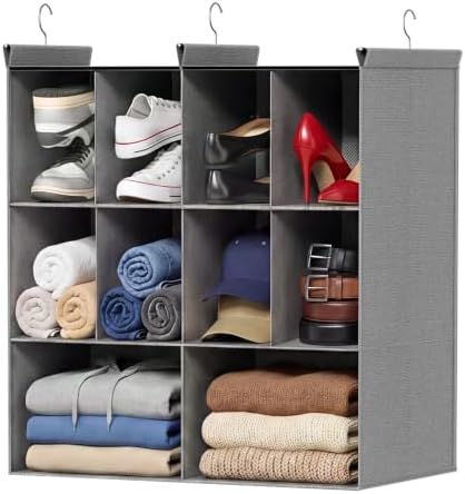 3 Tier Hanging Closet Organizer, 10 Compartments Dual Row Storage, Grey by Ofiray-home