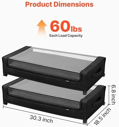 VEVOR Under Bed Storage with Wheels, 30.3 x 18.5 x 6.8 inch, Underbed Containers with Clear Lid, Underbed Shoe Organizer, Rolling Under the Bed Storage Bins for Clothes Shoes Blankets Bedroom, 2 Pack - Image 3