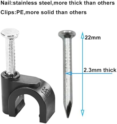 HS Cable Clips 8mm with Steel Nail 200 Pieces Black，Ethernet Management U Shaped Wire Cord Staples Hooks for Outdoor Wall,Coax Cat7 RG8 Cable Extension Fasteners - Image 2