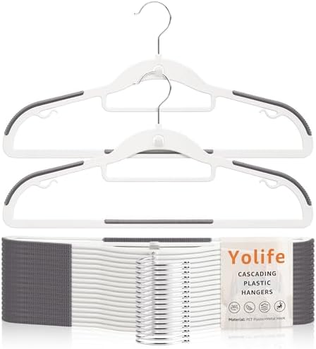 Yolife Cascading Plastic Clothes Hangers 20 Pack with Inner Hook for Vertical Storage, Slim Space Saving Hangers with Non-Slip Pads, 360° Swivel Metal Hook, Versatile, White & Gray by yolife