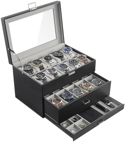 ProCase 3-Layer Watch Box with Glass Lid for Men, 20-Slot, Black by ProCase