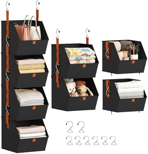 Homsorout Hanging Closet Organizer 4 Tier - Clothes Hanging Shelves, Space-Saving Closet System, Fabric Storage Bins Bedroom Organization, Collapsible Baskets for Home, Dorm, Rv, Black by Homsorout