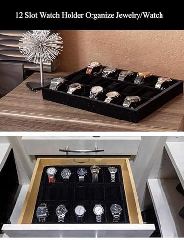 Jewelry Watch Tray, Black Velvet Watch Jewelry Organizer 12 Grid, Stackable Watch Bracelet Bangle Display Holder, Adjustable Pillows, for Man Woman Show Birthday - Image 6