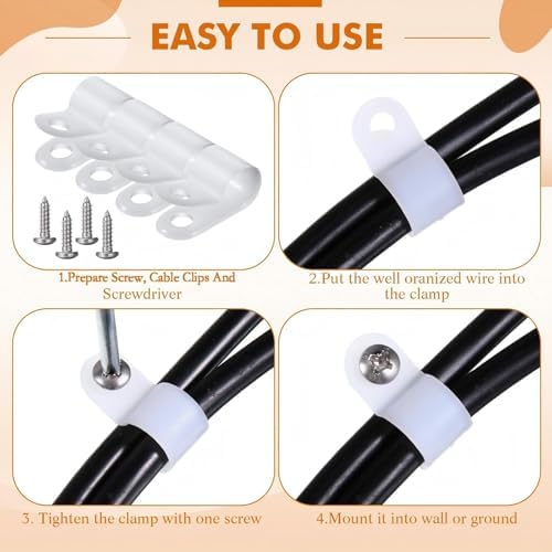 Hicarer 50 Pack R-Type Cable Clip Wire Clamp, Nylon Screw Mounting Cord Fastener Clips with 50 Pack Screws for Wire Management (White,3/8Inch) - Image 6
