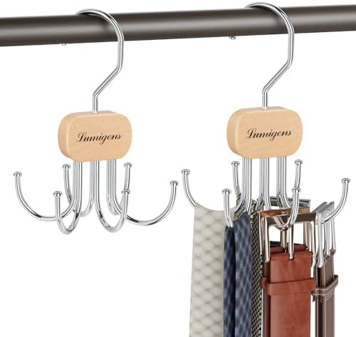 Belt Hanger, Belt Organizer for Closet,Rotatable Tie Rack,Belt Holder,Hanging Closet Storage Hook for Belt, Bra, Tank Top, Tie, Scarf, Purse,2PCS,Natural by Lumigens