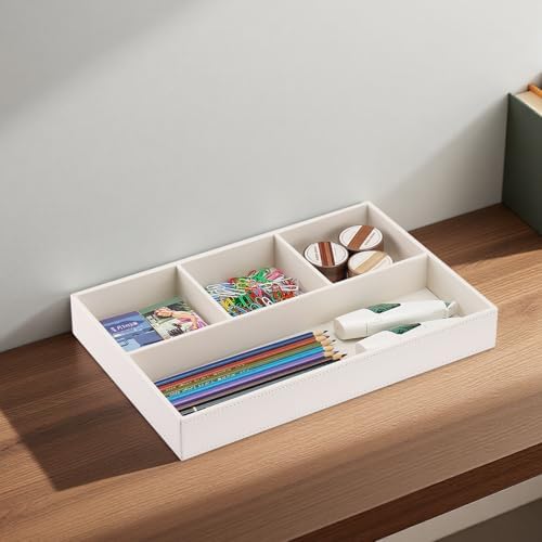 KINGFOM PU Leather Desk Drawer Organizer, 4 Compartment Office Supplies Stationery Storage Tray, Desk Organizers and Accessories Drawer Organizer Tray for Home, Makeup, Jewelry Stackable White - Image 5