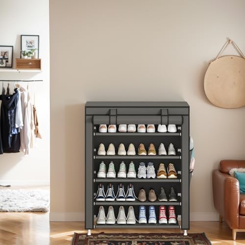 Laiensia 5-Tier Vertical Shoe Rack Organizer, Space Saving Shoe Storage Organizer, Non-Woven Cover Shoe Shelf Holds 20-25 Pairs for Bedroom, Hallway, Closet Entryway, Grey - Image 2