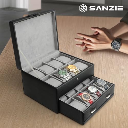 SANZIE Watch Box, 16-Slot Watch Case Organizer for Men, 2 Layers (Black) - Image 6