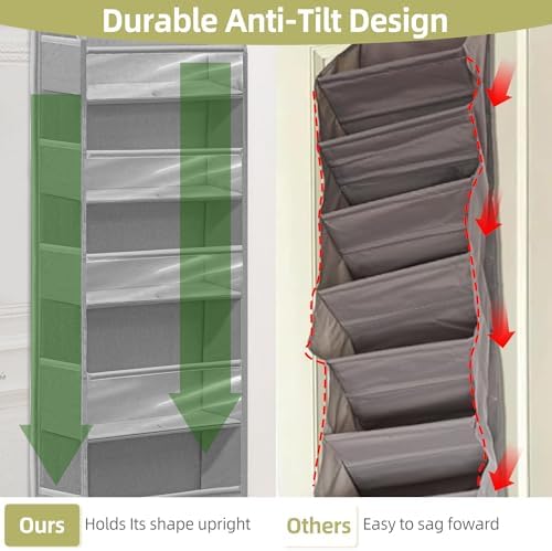 Over Door Organizer with 6 Extra Large Pockets and 12 Side Pockets, Large Capacity Hanging Storage Organizer with Clear Window for Shoes, Diapers, Grey, 6 Layers, 2-Pack - Image 3