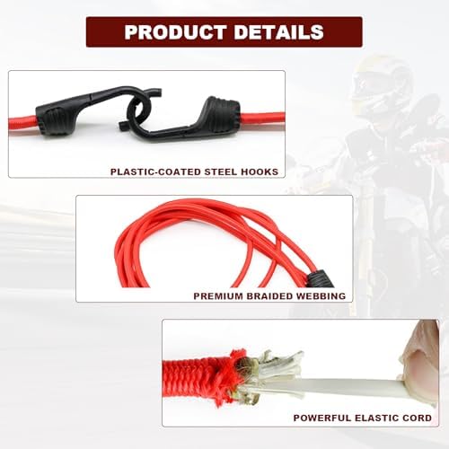 2 PCS 24 Inch Bungee Cords with Hooks, Heavy Duty Bungee Straps Elastic Cargo Tie Down Rope, Multi-Purpose Cord Sturdy Fastening Belt for Bicycle Outdoor Tent Luggage Rack (Red) - Image 4