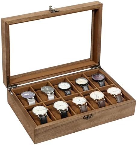 Uten Wooden Watch Case 10 Slot, Watch Jewelry Display Box with Glass Lid by UTENHOMEGOODSCENTER