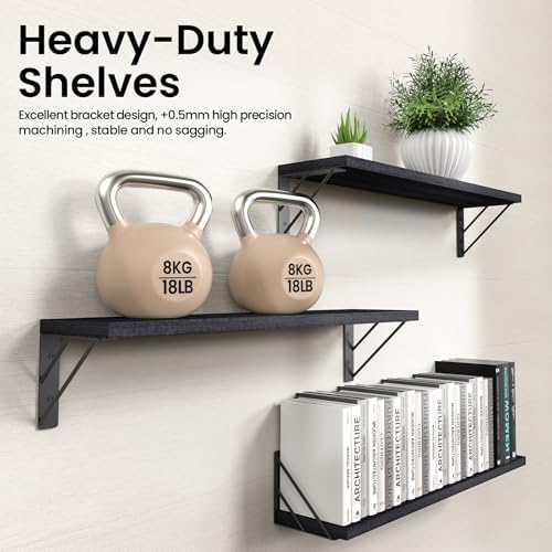 BAYKA Wall Mounted Floating Shelves, Wood Floating Wall Shelf for Books & Decor, Small Space-Saving Display & Organizer（Black，23in，Set of 3） - Image 5
