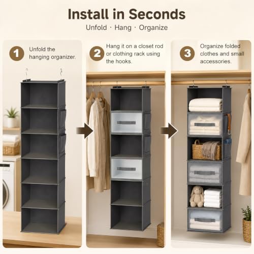 6-Shelf Hanging Closet Organizer with 3 Drawers & Side Pockets, Gray - Image 4