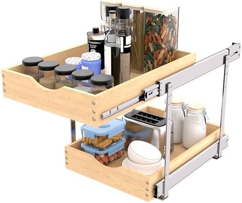 JOWBOOW 2 Tier Pull Out Cabinet Organizer 14"W x 22"D, Solid Wood - Image 6
