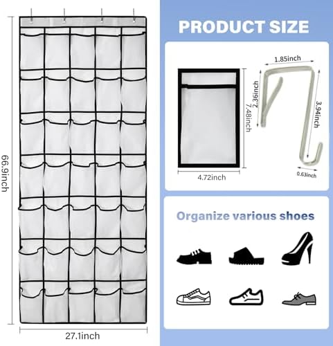 35 Pocket Over Door Shoe Organizer with 4 Metal Hooks（White） - Image 2
