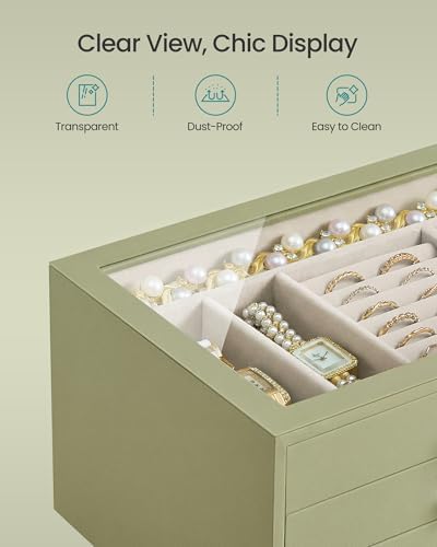 SONGMICS 3-Layer Jewelry Box with Glass Window, 3 Drawers, Golden Handles - Image 3