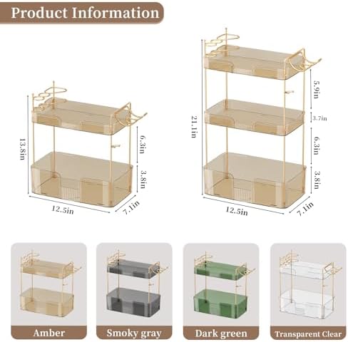 Akinbas 3 Tier Bathroom Organizer Countertop Makeup Perfume Tray Skincare Organizer Comes with Hair Dryer Rack and Toothbrush Holder for Bathroom Dresser Vanity (Gold) - Image 3