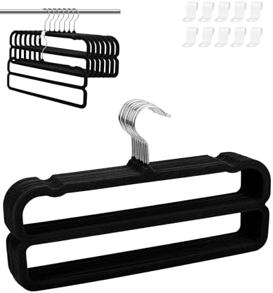 10 Pack Velvet Pants Hangers Space Saving, Non Slip 2-Layer Hanger (Black) by Yxspace