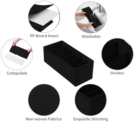3 Pack Fabric Belt Organizer with 6 Grids per Organizer, Foldable Drawer Organizers for Closet and Drawer, Belt and Tie Holder - Black - Image 5