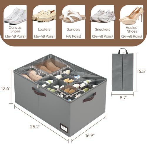 OIAHOMY 2 Pack Shoe Organizer for Closet, Large Foldable Shoe Storage Bins with Dividers and Reinforced Handles, Each Clear Cover Sneaker Box Fits Up to 24 Pairs for Entryway and Bedroom, Grey - Image 3
