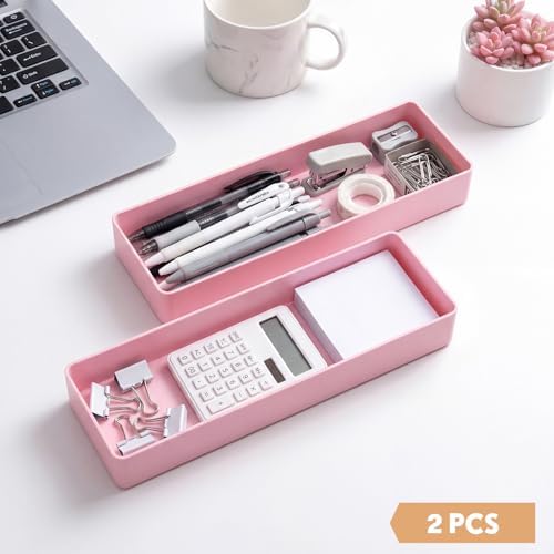 Teling 2 Pcs Pink Large Rectangular Desk Organizer Set, Half Accessory Tray, Plastic Tabletop Organizer for Office, Home, or Study, Dimensions: 9.45 x 2.95 x 1.38 Inches - Image 4