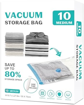 10 Pack Medium Vacuum Storage Bags Seal Bags for Bedding Clothing Compression Bags for Travel Blankets and Comforters Hand Pump Included by ZOESTORAGE
