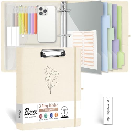 1 Inch 3 Ring Linen Binder Organizer, BVSSX Three Ring Binders with Clipboard, Plastic Folder, 5-Tabs Pocket Dividers with Sticker Labels, Pen Loop, Elastic Strap (Beige, Letter Size) by BVSSX