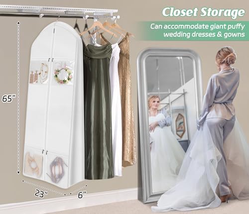 MISSLO 65" Wedding Dress Garment Bag with Bride Tote Bag 6'' Gusseted Dress Bags for Gowns Long 4 Pockets Wedding Dress Storage Bag for Women, White - Image 2