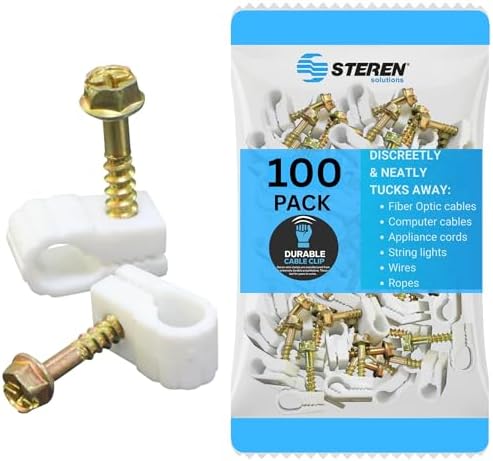 STEREN Coaxial Cable Clips - Cable Holder - Wire Clips - Siding Clips for Hanging - Cord Holder for Desk - Cable Clamps (White, 100 Count - Mini Screw) by STEREN