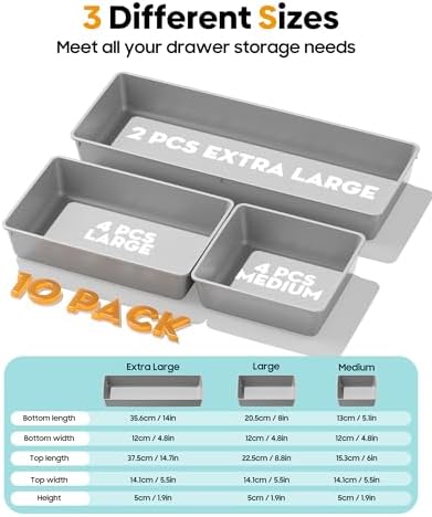 10 Pack Large Size Plastic Drawer Organizers Set, 3 Sizes Desk Drawer Organizer Trays, Storage Bins for Vanity, Makeup, Bathroom, Kitchen Utensils and Office (Gray) - Image 2