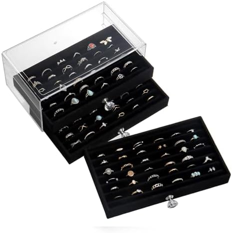 SPAKOWN Ring Box Display Holder, Clear Velvet Jewelry Storage Tray Organizer for Ring Stud Earring (Black - 3 Drawers) by SPAKOWN