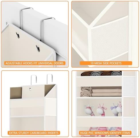 Over Door Organizer with 5 Large Pockets & 10 Mesh Side Compartments - Behind The Door Storage for Bathroom, Bedroom, Closet, Pantry, RV & Nursery - Baby Room Organizer Solution - Beige - Image 4