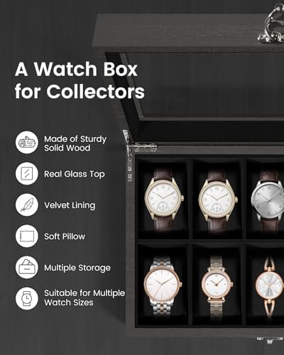Uten Watch Box 10 Slot, Watch Case with Glass Lid, All Black - Image 5