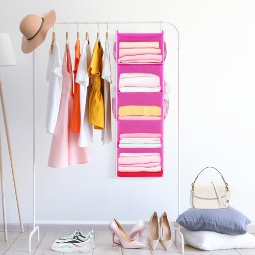 MAX Houser 5-Shelf Hanging Closet Organizer, Hanging Storage Shelves with 4 Side Pockets Space-Saving for Bedroom, Foldable (Pink) - Image 4