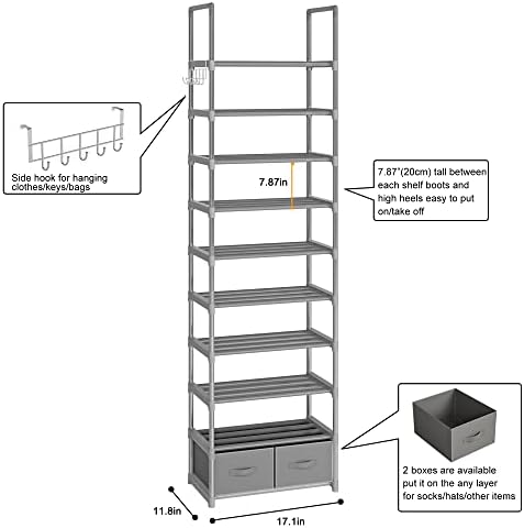 OYREL Tall Shoe Rack Narrow 10 Tier Shoes Rack 20 25 Pairs + 2 Boxes 1 Hook - Image 3