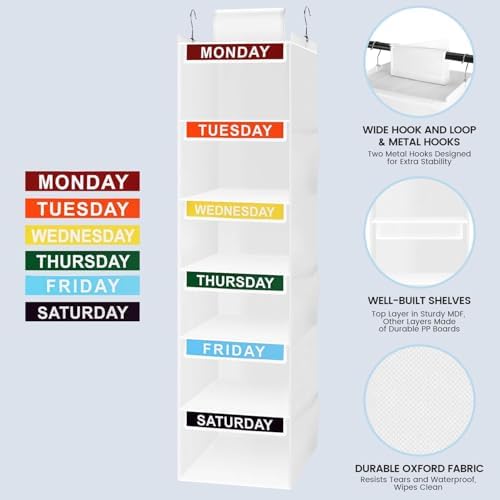 Weekly Clothes Organizer for Kids, 6-Shelf Kid Hanging Closet Organizer w/ 6 Side Pockets, Labeled Weekly Outfit Organizer for Kids, Days of The Week Clothes Organizer Monday Through Friday White - Image 4