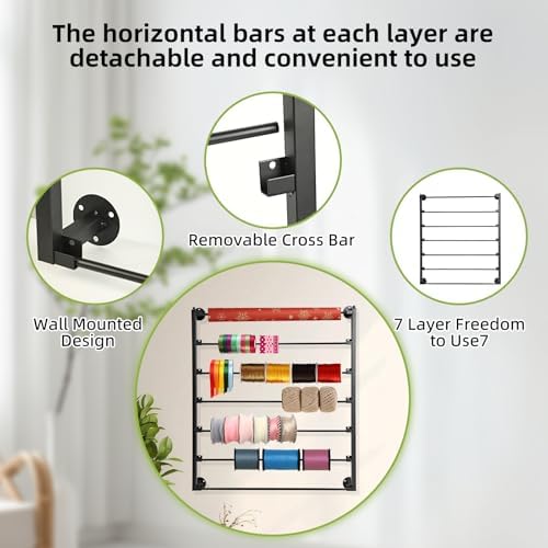 7 Tier Wall Mount Ribbon Organizer, Metal Rack for Craft Room - Image 4