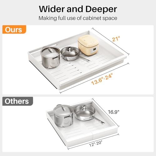 Pull out Cabinet Organizer, 1-Pack Expandable(13.6"-24") Silde out Drawers with Raising Pad for Framed Cabinets, Adjustable Full-Extension Adhesive Roll out Shelves for Kitchen Pantry Home Pot and Pan - Image 2