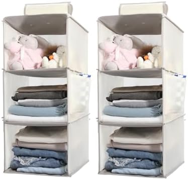 2 Packs Hanging Closet Organizer Storage, 3-Shelf Hanging Shelves for Closet, Closet Clothes Organizer and Storage with Side Pocket, Beige by WelcometoYRCBEHFU