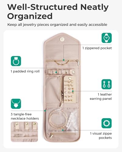 BAGSMART Travel Jewelry Organizer Case M Initial Jewelry Roll,Soft Pink - Image 3