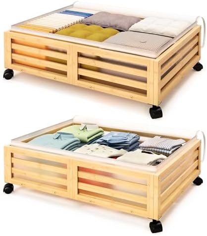 Under Bed Storage with Wheels-Large Bamboo Underbed storage Containers with Large Dust Bag Stackable Under the Bed Shoe Storage Bins for Clothes Books Bedding (2 Packs Nature, 23.62"L×16.54"W× 6.51"H) by Xadgve