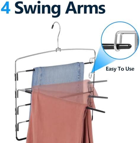 Pants Hangers 4 Pieces,5 Tier Closet Organizers and Storage Clothes Hanger,Hangers Space Saving with Swing Arm,Multiple Metal Hanger Clothes Organization for Pants Trousers Jeans Leggings Slacks - Image 5