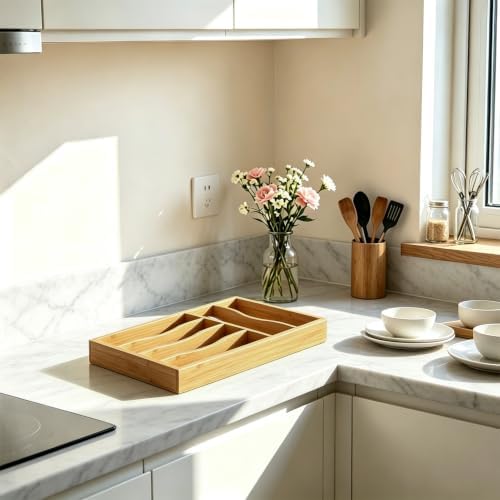 Bamboo Silverware Drawer Organizer, 6 Slots Kitchen Drawer Tray - Image 6