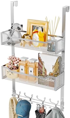 SWTYMIKI Over The Door Hook with 16 Hooks & 2 Mesh Baskets - Heavy Duty Over The Door Organizer Hanger for Towels, Coats, Clothes - Space Saving Hanging Rack for Bathroom, Living Room, Silver by SwtyMiki-TidyHomeSweetLife