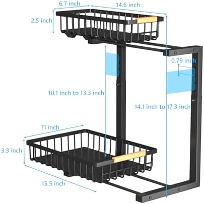 Merrylun Under Sink Organizers, 5 Adjustable Height,Metal Pull Out Under Sink Organizers and Storage Shelves with Sliding Drawer, Black 1pack（Hight 13.6″-16.9″） - Image 2