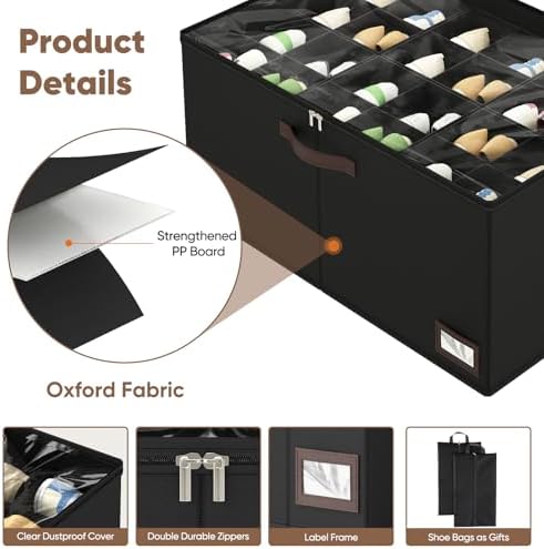 OIAHOMY 2 Pack Shoe Organizer for Closet, Large Foldable Shoe Storage Bins with Dividers and Reinforced Handles, Each Clear Cover Sneaker Box Fits Up to 24 Pairs for Entryway and Bedroom, Black - Image 5