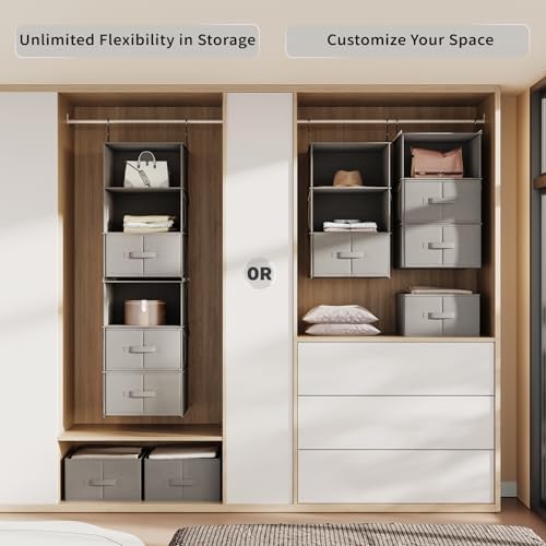 6-Shelf Hanging Closet Organizer with 3 Drawers, Separable, Medium Gray - Image 4