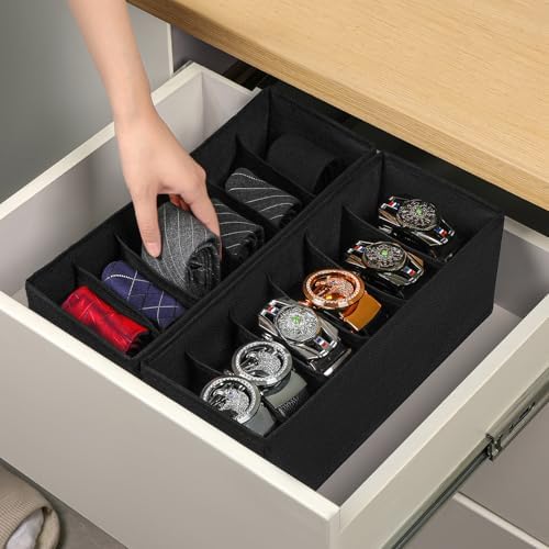 3 Pack Fabric Belt Organizer with 6 Grids per Organizer, Foldable Drawer Organizers for Closet and Drawer, Belt and Tie Holder - Black - Image 3