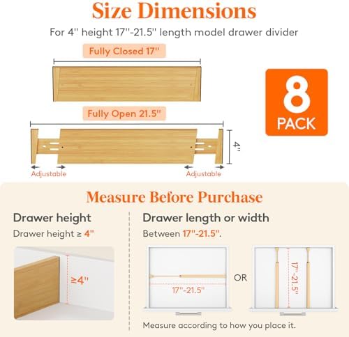Lifewit 4" High Dresser Drawer Dividers, Adjustable Bamboo Drawer Organizer - Image 2